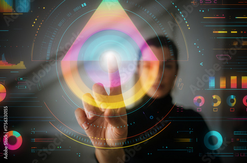 Woman interacting with futuristic colorful data interface in digital space