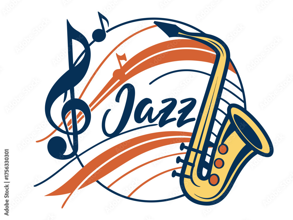 Fototapeta premium Stylish Jazz Music Vector with Saxophone and Treble Clef Design