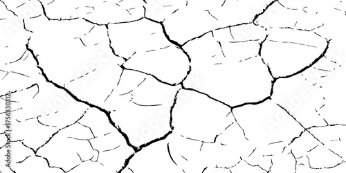 Black and white cracked dry soil texture background. Vector illustration of drought land surface pattern, natural cracked earth design for environment, climate change, and abstract texture concepts.