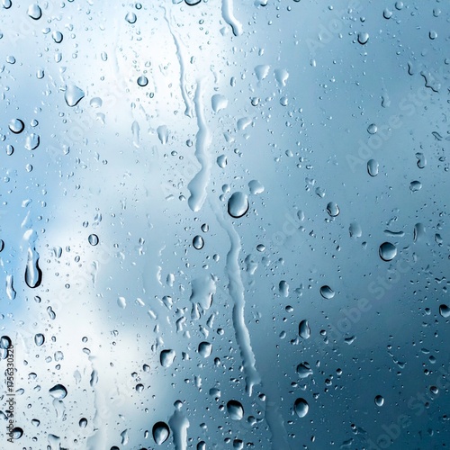Raindrops on transparent glass surface creating natural abstract liquid pattern and atmospheric background