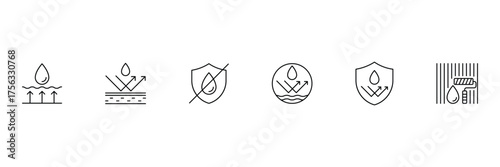Waterproof icons. Water Proof icons. Collection of water resistant signs. Water protection, liquid proof protection. Shield with water drop.  Water resistant symbol. Vector illustration.