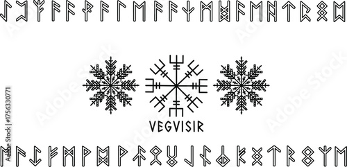 Vegvisir Norse compass with Elder Futhark runes and snowflake motifs for mythology, mysticism, protection, and vector illustration themes