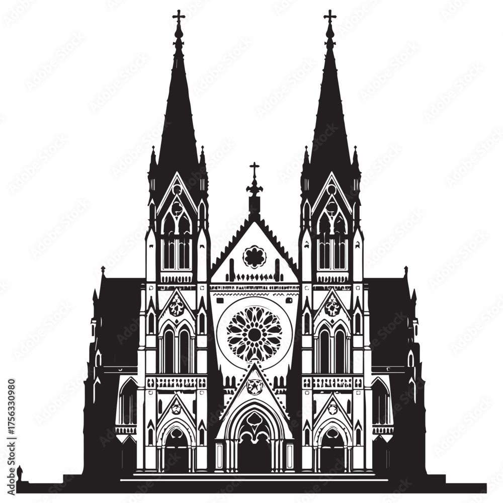 Fototapeta premium Striking silhouette of a grand gothic cathedral with twin spires and intricate facade detail against a white background