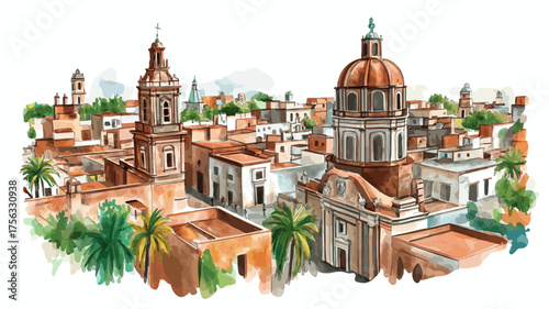 Mexico City Historic Centre. Mexico City Historic Centre hand drawn watercolor illustration