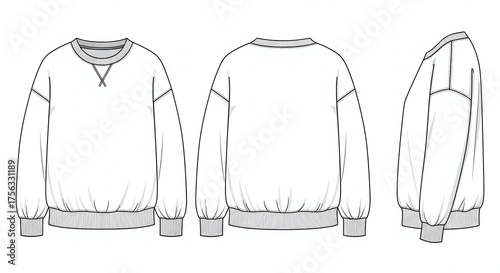 Fashion flat sketch of a sweatshirt, front, back, and side view, isolated on white background