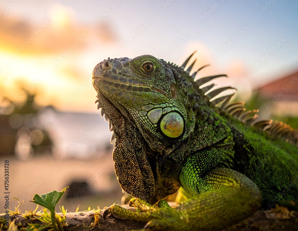 Fototapeta premium A close-up portrait of a vibrant green reptile perched on a branch, captured against a soft, golden sunset