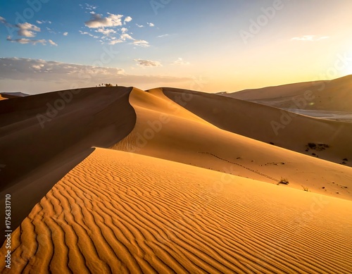 Fototapeta Naklejka Na Ścianę i Meble -  Golden desert landscape with rippled sand dunes at sunrise