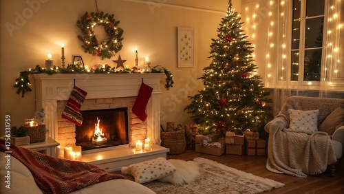 Cozy Living Room Decorated for Christmas Evening