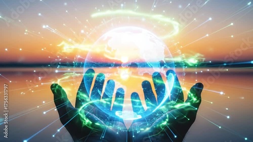 A simple vision of the future with hands holding a glowing digital globe, symbolizing technology, innovation, and global communication