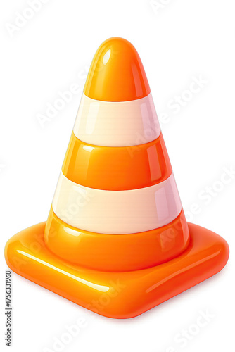 Vibrant 3D rendered safety traffic cone icon, glowing orange and white on a dark background, symbolizing road work, construction zones, and hazard warnings with a sleek, modern, and glossy finish illu