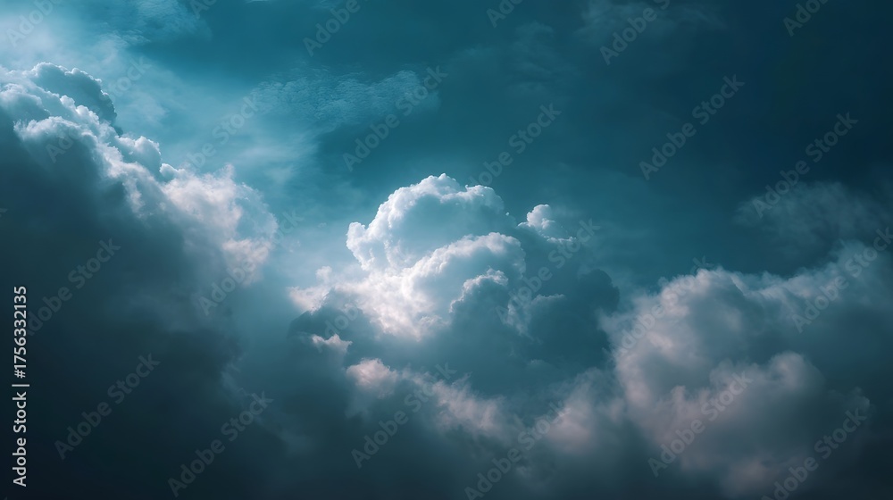 Obraz premium Dramatic dark blue sky filled with illuminated and shadowed clouds creating an atmospheric scene