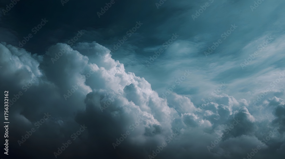 Obraz premium Dramatic sky scene with voluminous textured cumulus clouds against a deep dark blue background