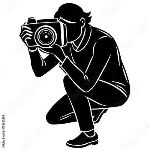 Vector illustration of person squatting with camera capturing a photo