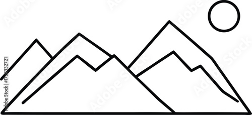 single line mountain range with rising sun illustration on transparent background