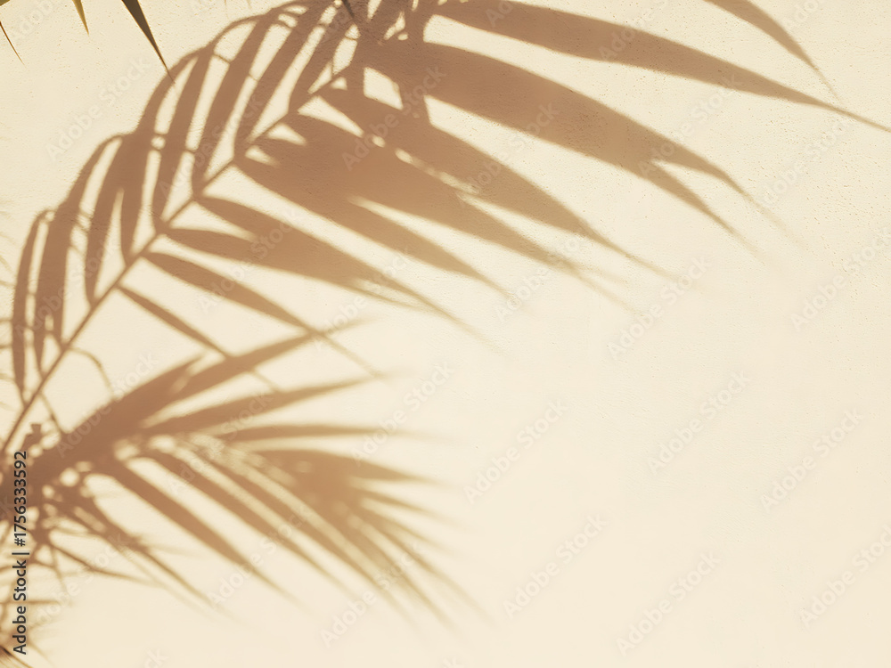 Obraz premium Shadows of palm leaves cast on a textured beige wall