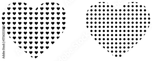Stylish heart pattern created with multiple small black hearts on white background. Perfect for Valentine’s Day, love themes, wedding invitations, romantic decorations. hearts, icon, vector, love