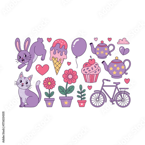 Whimsical collection of cute purple cartoon objects including a bunny cat ice cream bicycle teapot and flowers