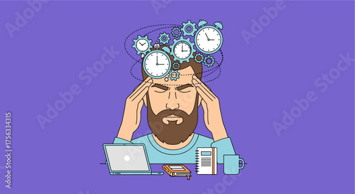 A man experiencing stress and depression at work, surrounded by clocks and gears, symbolizing the pressures of deadlines and overwhelming tasks.