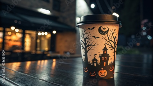 A spooky Halloween-themed paper coffee cup with bats and pumpkins is photographed on a dark wooden table outside a cafe at night.
