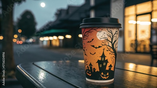 Festive Halloween-themed coffee cup featuring bats and pumpkins placed on an outdoor bench with the full moon glowing in background.