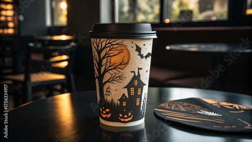 A Halloween-themed coffee cup with pumpkins, bats, and a haunted house sits on a round table in a dimly lit cafe.