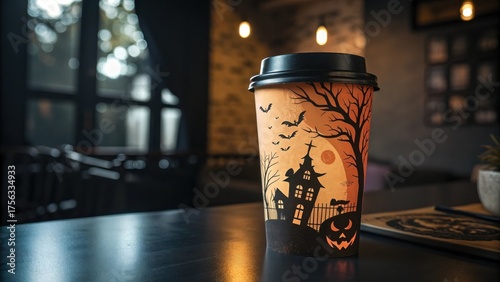 A Halloween-themed orange coffee cup with bats, pumpkins, and a haunted house stands on a table by a cafe window with cozy lights.