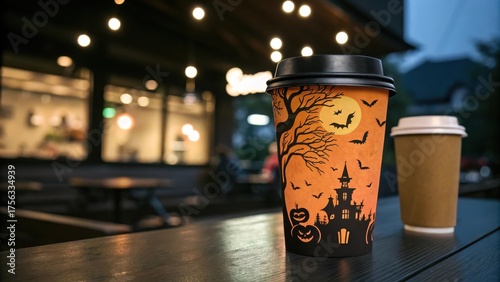 Halloween-themed coffee cup with vibrant orange design photographed outdoors on a wooden table, surrounded by evening cafe lights.