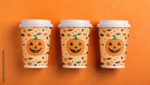 Three Halloween-themed takeaway coffee cups decorated with smiling jack-o'-lanterns and bats, arranged on an orange background.