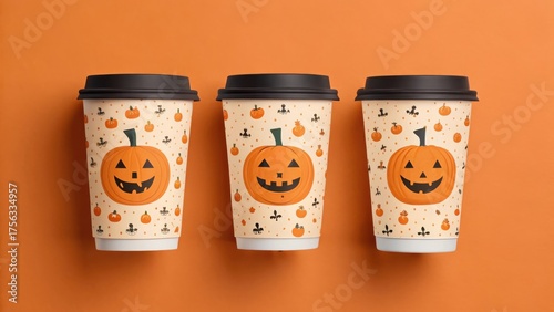 Three takeaway coffee cups featuring cartoon jack-o'-lantern faces, polka dots, and fun Halloween graphics on a light background.