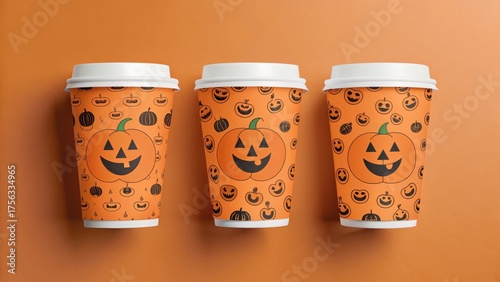 Three orange coffee cups featuring different jack-o'-lantern face designs and surrounding spooky graphics, placed on matching background.