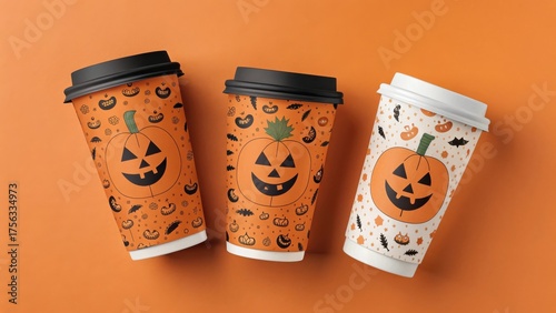 Three Halloween-themed takeaway cups with large jack-o'-lantern faces and spooky doodles, shown on an orange flat background.