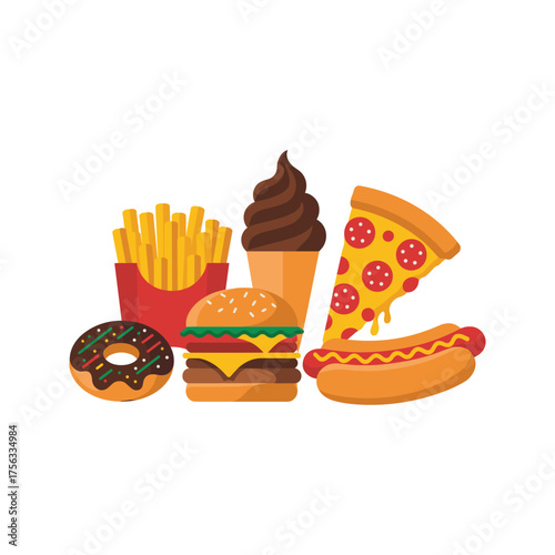 Junk food assortment delicious fast food favorites pizza burger fries donut hot dog ice cream
