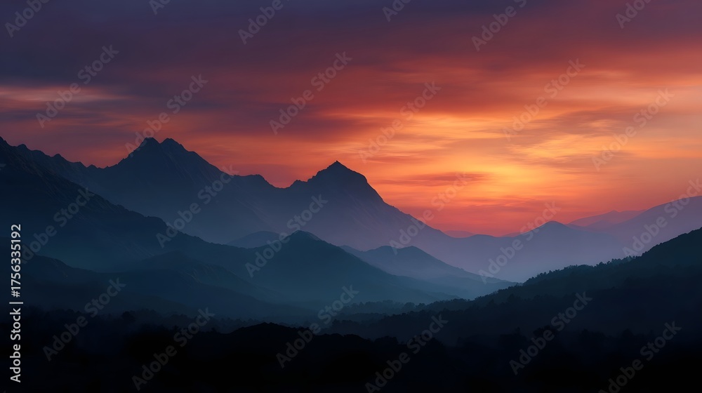 Obraz premium Layered mountain silhouette at vibrant sunset painted with orange red and purple hues