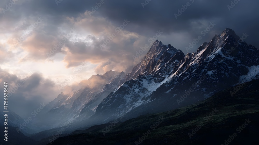 Fototapeta premium Majestic mountain range at sunrise illuminated by dramatic clouds and golden light with snow capped peaks