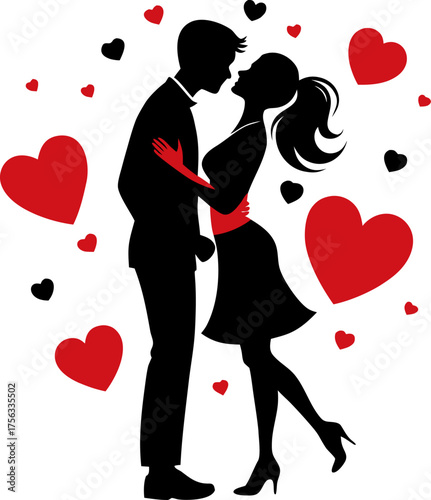 Silhouette of a couple sharing a shy kiss surrounded by floating hearts. Silhouette black , white background 