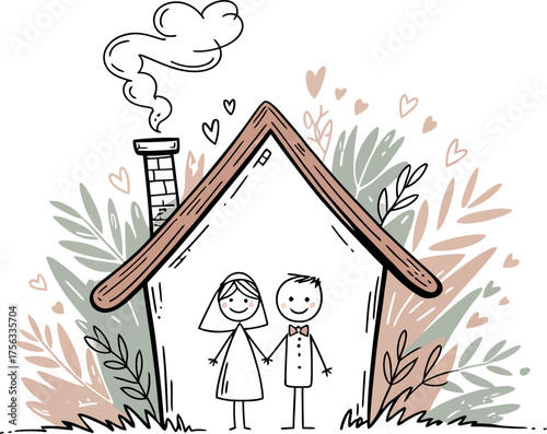 Forever Home: An endearing illustration captures a couple hand in hand, united beneath the shelter of a house, symbolizing the creation of a home filled with love and warmth.