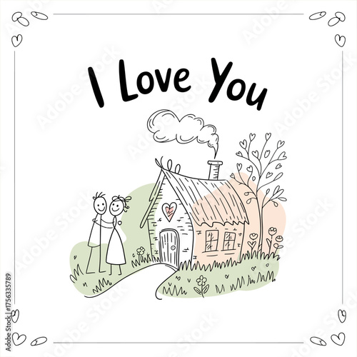 A Cozy Dwelling of Affection: Charming hand-drawn illustration, expressing love and warmth, the heartwarming scene depicts a couple embracing in front of their sweet home.