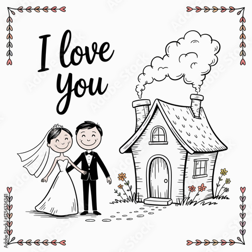 Eternal Love: A heartwarming illustration of a bride and groom embracing their new life and the sentiment of I love you, beside a cozy home, symbolizing their journey together.