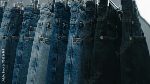 Close Up of Assorted Blue Jeans Hanging on a Metal Rack in Front of a Gray Wall in a Studio Setting with Professional Lighting