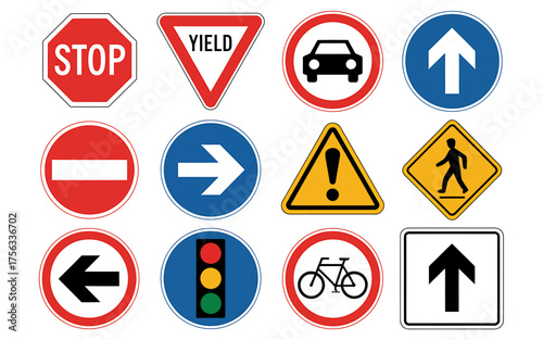 Variety of Road Signs Stop Yield One Way Traffic Pedestrian Crossing and Bicycle Lanes Indicating Safety and Regulations for Drivers