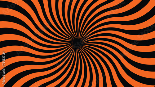 A spiral pattern with orange and black waves converging towards a central dark point design art vector sunburst background