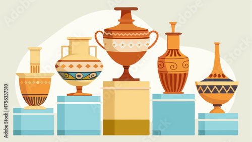 A collection of ancient pottery with delicate patterns and designs was displayed on tall white pedestals.