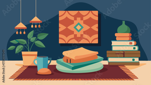 A cozy corner with a floor cushion a stack of books and a woven tapestry hanging on the wall.
