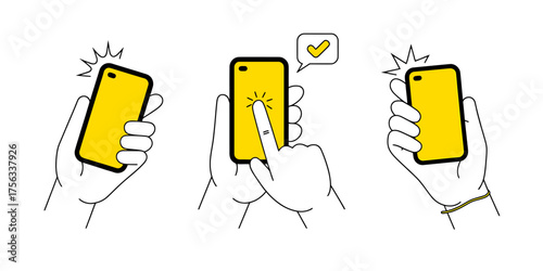Hands holding smartphone for communication and mobile application use illustration