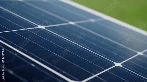 Close Up of Blue Solar Panel with White Grid Lines Against Green Background Under Bright Lighting Renewable Energy Concept