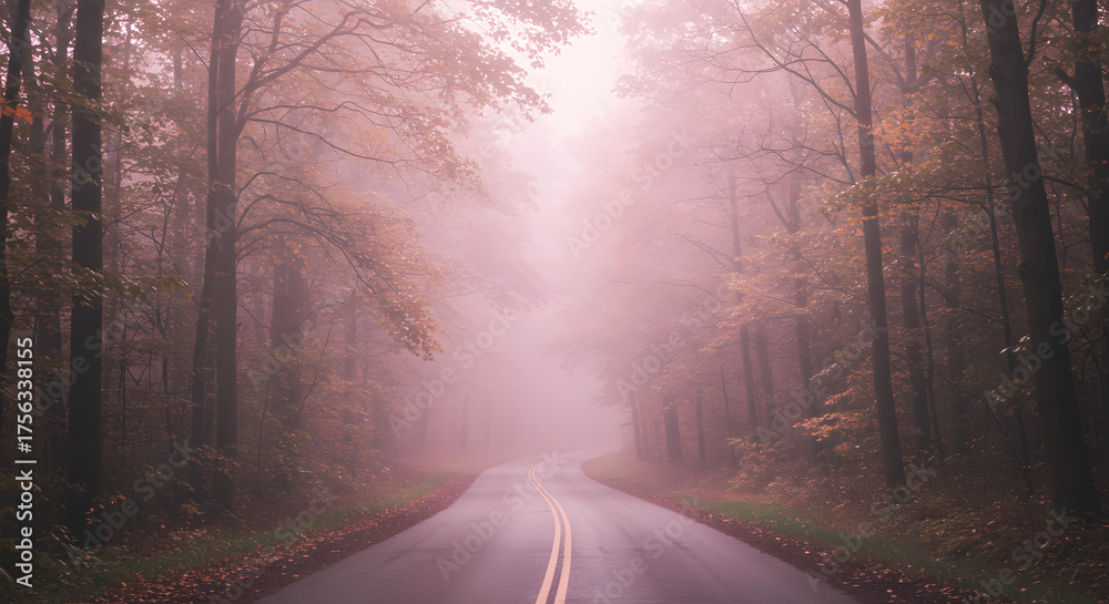 Fototapeta premium Ethereal journey down a mysterious road into a misty, atmospheric autumn forest