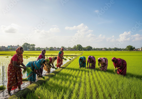 Women Planting Rice Seedlings in Paddy Field, Farming in Rural India Agriculture, Harvest, Crop.