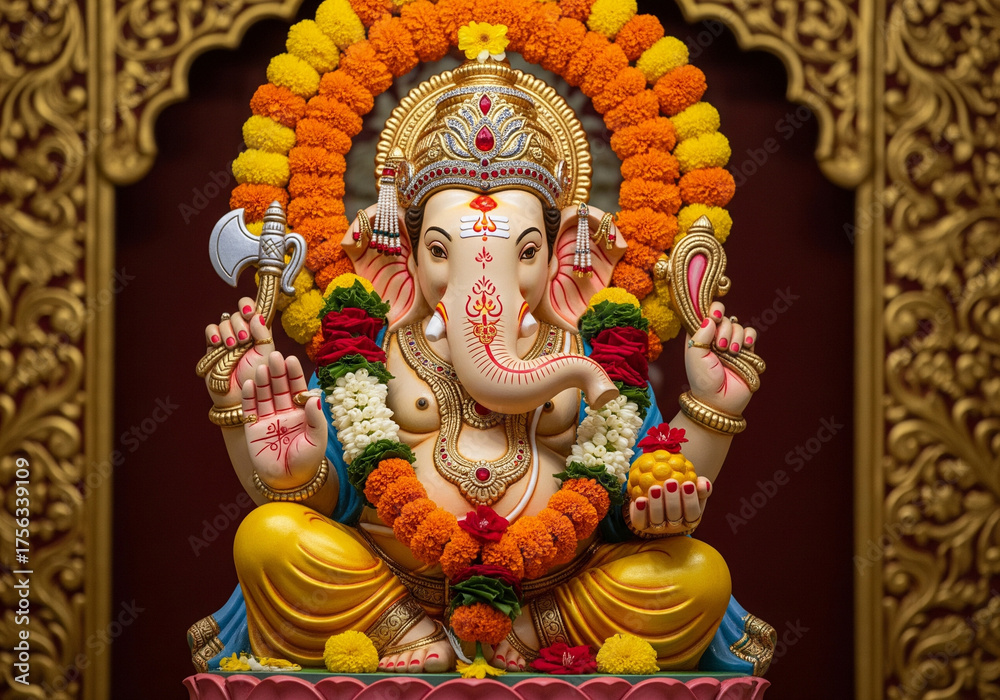 Fototapeta premium Majestic Lord Ganesha Statue Adorned with Flowers in a Temple Setting Hindu Deity Worship.