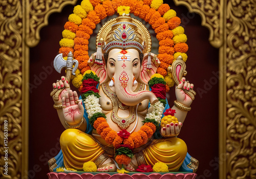 Majestic Lord Ganesha Statue Adorned with Flowers in a Temple Setting  Hindu Deity Worship.