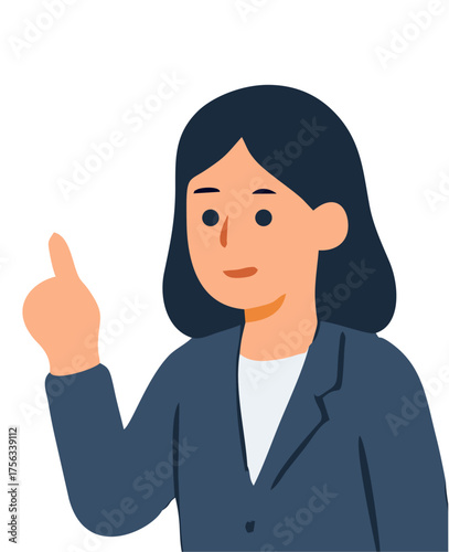 An animated-style business professional woman in a suit, pointing her index finger to emphasize a key point or idea